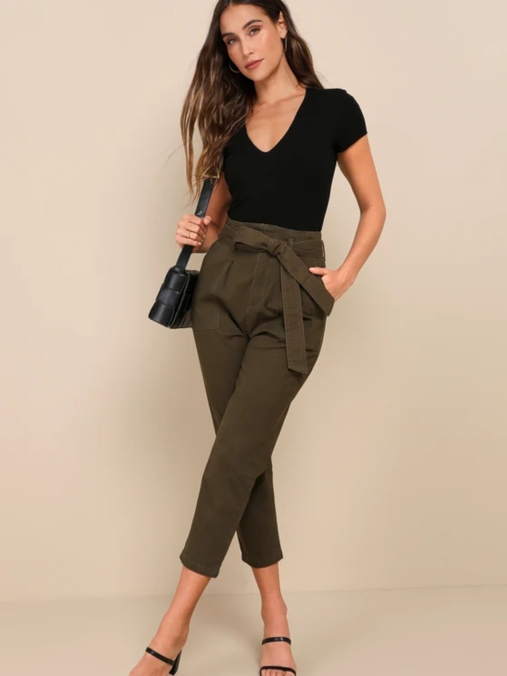 Lulu's High-Waist Olive Paperbag Pants with Tie Belt - Women